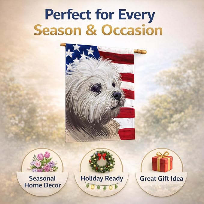 Caroline's Treasures CK6608CHF Lowchen American Flag House Flag Large Porch Sleeve Pole Decorative Outside Yard Banner Artwork Wall Hanging, Polyester, House Size, Multicolor