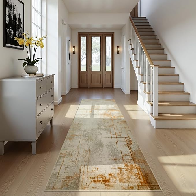 Joydeco 2x6 Runner Rug for Hallway, Modern Abstract Non-Slip Soft Washable Rugs, Low Pile Carpet for Entryway, Kitchen, Bedroom, Laundry, Light Brown & White & Beige