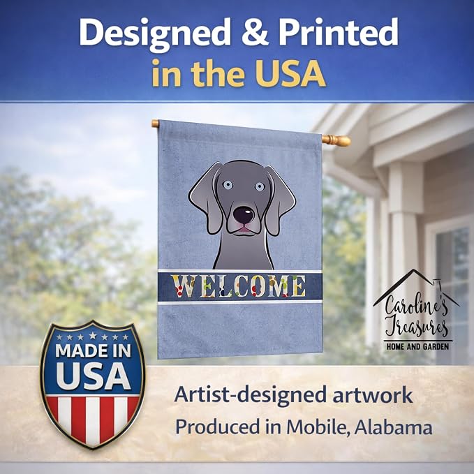 Caroline's Treasures BB1417CHF Weimaraner Welcome House Flag, Blue Large Porch Sleeve Pole Decorative Outside Yard Banner Artwork Wall Hanging, Polyester, House Size, Multicolor