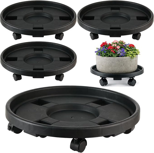 4-pack 16" Extra-large Plant Caddy with Wheels Plastic Plant Dolly with Locking Caster Flower Pot Mover Rollers Wheeled Rolling Plant Stands Round Plant Saucer Indoor Outdoor Base Coasters Black