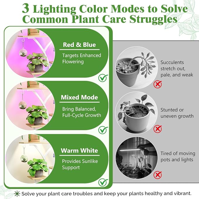 VINGLI Plant Stand Indoor with Growing Lights, 61" Tall Plant Stand with Full Spectrum LED, 10-Tier Tree-Shaped Indoor Plant Shelf, Movable Decorative Plant Rack for Living Room, Balcony & Office, White and Oak