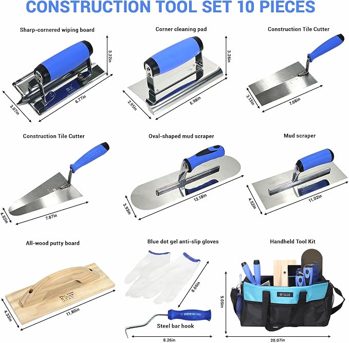 10PCS Concrete Trowel Set, Masonry Hand Tool Kit Includes Finishing Trowel, Pool Trowel, Wood Float, Edger, Groover, Margin Trowel, Wire Twister, Gloves & Carry Bag for Stucco and Cement Work