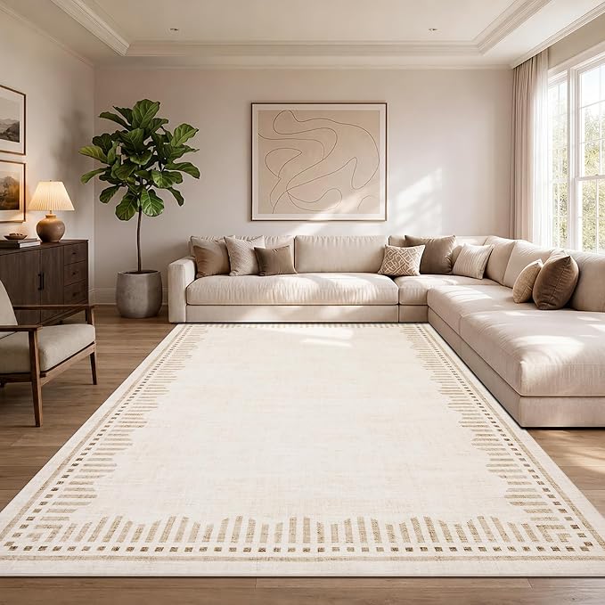 Garvee Living Room Washable Area Rugs 9x12 Beige Neutral Scalloped Carpet | Large Modern Solid Color Low Pile Stain Resistant Dining Room Throw Carpet Geometic Non Slip Pet Friendly Bedroom Nursery Rug