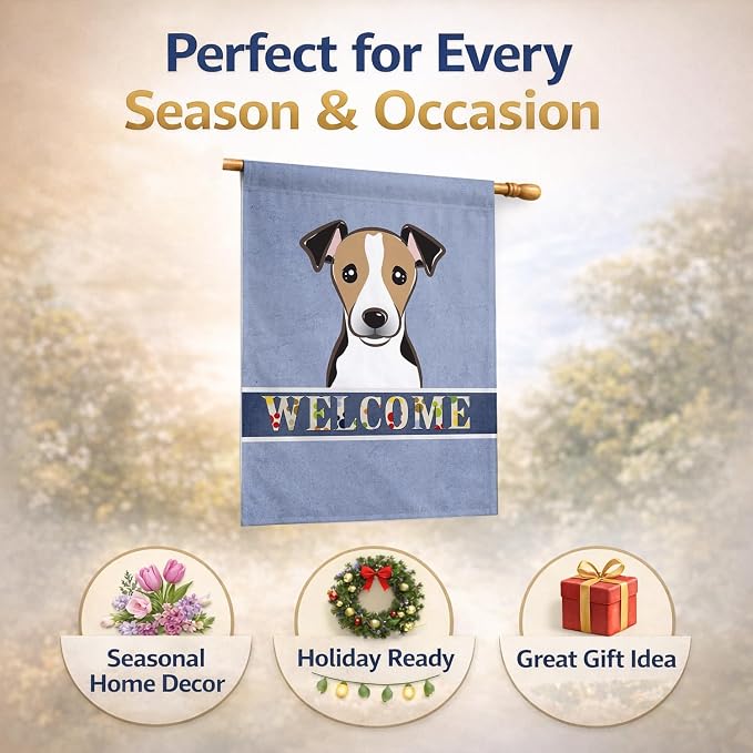 Caroline's Treasures BB1447CHF Jack Russell Terrier Welcome House Flag, Blue Large Porch Sleeve Pole Decorative Outside Yard Banner Artwork Wall Hanging, Polyester, House Size, Multicolor