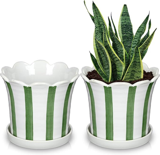 Set of 2 Flower Planter, 5.8 inch Ceramic Plant Pots with Drainage Hole and Sauser, Stripe Ceramic Planters with Wavy Opening for Indoor Outdoor Home Gardening Desktop Windowsill