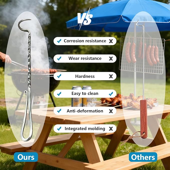 Meat Flipper, Grill Hooks for Turning, Heavy Duty Stainless Steel BBQ Turner Hooks with Long Handle for Flipping Ribs, Pork Shoulder, Roast on Smoker Grilling (Left Hand - B)