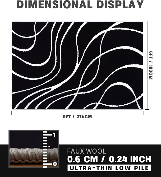 Black Modern Area Rug 6x9,Abstract Rugs for Bedroom,Black and White Geometric Rug,Minimalist Striped Rug,Dark Washable Area Rugs 5x7 Non Slip Rugs for Living Room，Office