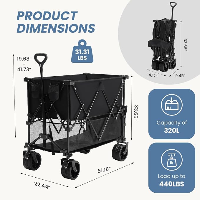 DUMOS 440LBS Heavy Duty Double Decker Wagon with 51IN Extender, 400L Large Capacity Collapsible Garden Cart, All-Terrain 7IN Wheels with Brakes, Foldable Utility Wagon for Shopping, Camping, Black