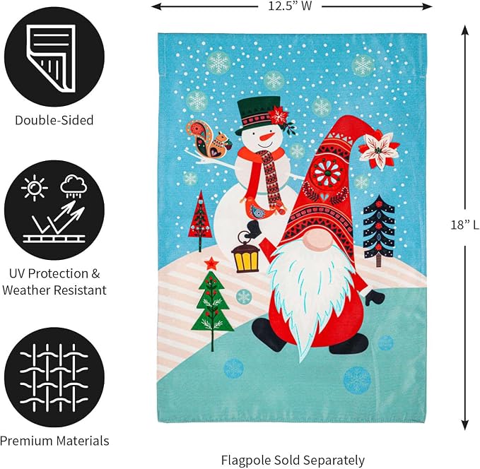 Evergreen Flag Gnome Snowman Applique Garden Flag | 12x18 Inches Double Sided Christmas Garden Flag for Outside | Outdoor Small Flag Décor for Home, Yards and Gardens