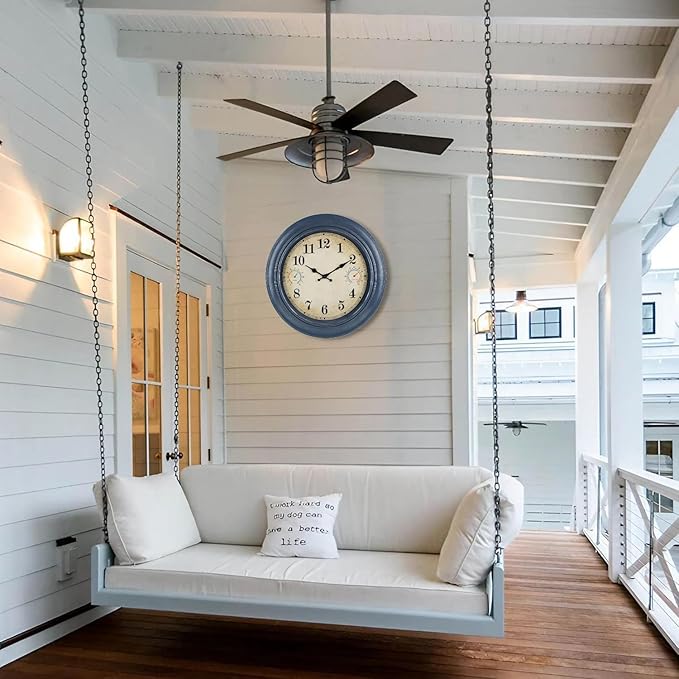 18 Inch Large Outdoor Clock with Thermometer & Hygrometer, Waterproof Coastal Indoor Outside Wall Clock for Patio, Pool, Garden, Backyard, Farmhouse Decor, Retro Blue