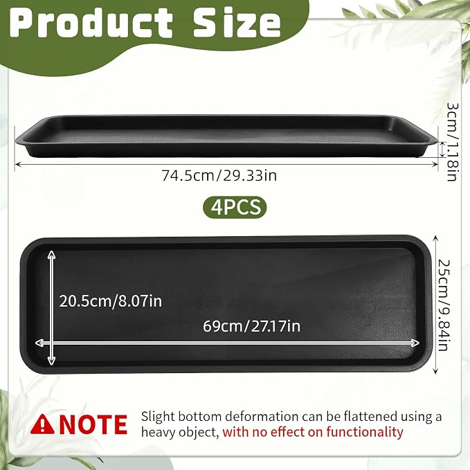 Cinnvoice 4 Pack Black 30 x 9.8 x 1.2 Inch Rectangle Plant Saucer Large Plastic Plant Tray Water Drip Trays for Windowsill Flower Pot Planter Drainage Germination Garden Outdoor Indoor Use