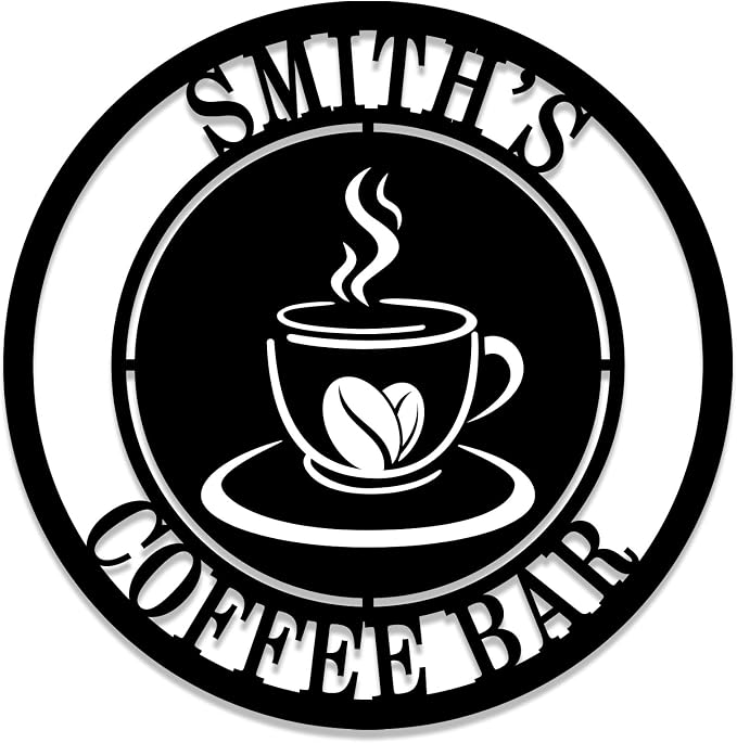 Personalized Coffee Sign Custom Last Name Metal Wall Decor, Coffee Bar Sign with Monogram Family Name, Rustic Farmhouse Kitchen Decor, Coffee Lover Gift, Home Coffee Station Decoration, Housewarming Gift for Family and Friends