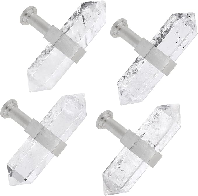 mookaitedecor Set of 2 Rock Quartz Double Crystal Points Drawer Knobs with Screws, Decorative Stone Cabinet Handle Pulls for Dresser Cupboard Kitchen Decor, Brushed Stainless Steel