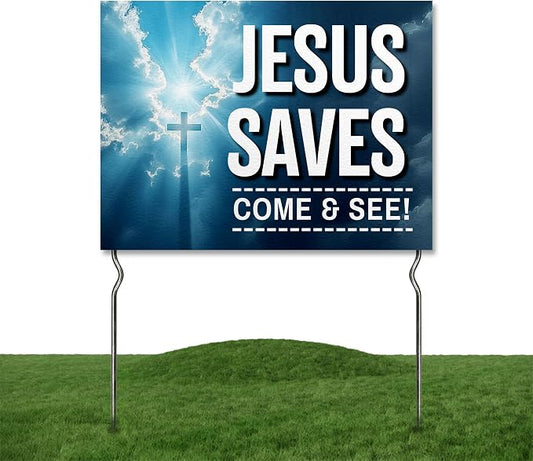 Jesus Savves - Come & See! Yard Sign by DC | 24"x18" Double Sided Church Garden Sign with 13” Metal Stakes | Outdoor Signs Waterproof for Lawn, Patio, Sidewalk & House | Set of 3 | Made in USA