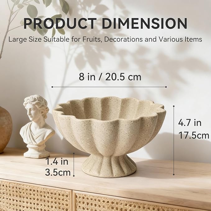 Pedestal Decorative Bowl Home Decor - 7.9" Morden Resin Handmade Decorative Fruit Bowl for Kitchen Counter, Chic Ruffle Bowl Centerpiece Decor for Dining Table Coffee Table (Artificial Stone Beige)