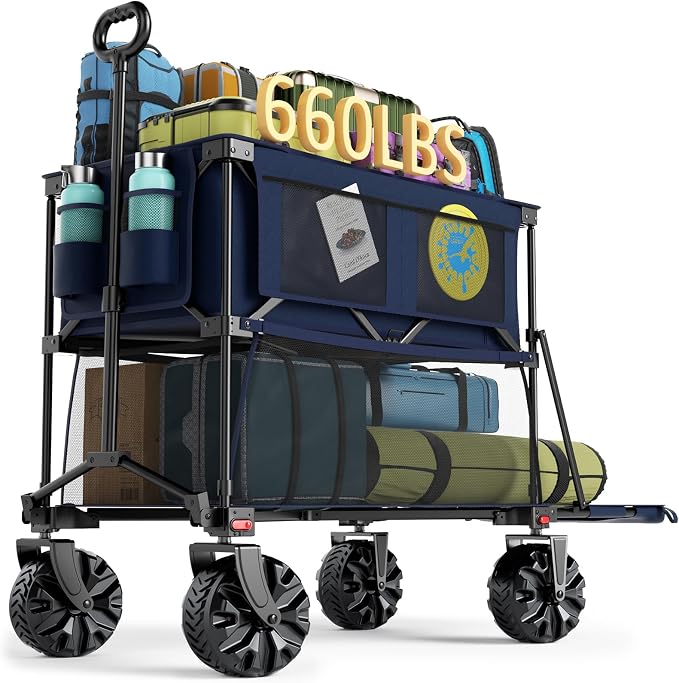 Portal Collapsible Double Decker Wagon Folding Utility Cart with Tailgate, Beach Wagons with Big Wheels, 660LB Heavy Duty Foldable Wagon 14 FT³ Large Capacity for Camping, Sports, Garden