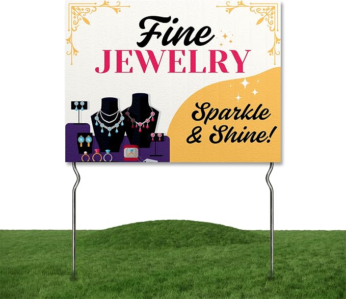 Fine Jewelry - Sparkle & Shine! Yard Sign by DC | 24"x18" Double Sided Conv. Store Garden Sign with 13” Metal Stakes | Outdoor Signs Waterproof for Lawn, Patio, Sidewalk & House | Set of 2