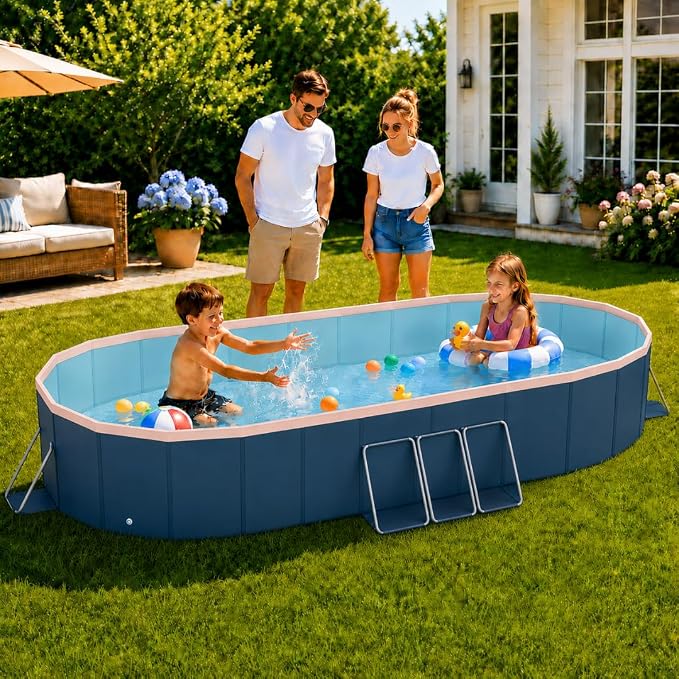 10 ft Foldable Non-Inflatable Swimming Pool, 118.11 x 86.61 x 19.69 in, Blue PVC Backyard Pool with Aluminum Alloy Triangle Supports for 2 Adults and 4 Children