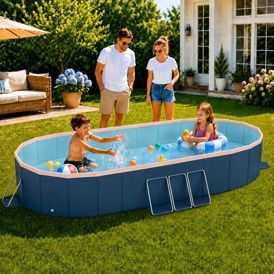 10 ft Foldable Non-Inflatable Swimming Pool, 118.11 x 86.61 x 19.69 in, Blue PVC Backyard Pool with Aluminum Alloy Triangle Supports for 2 Adults and 4 Children