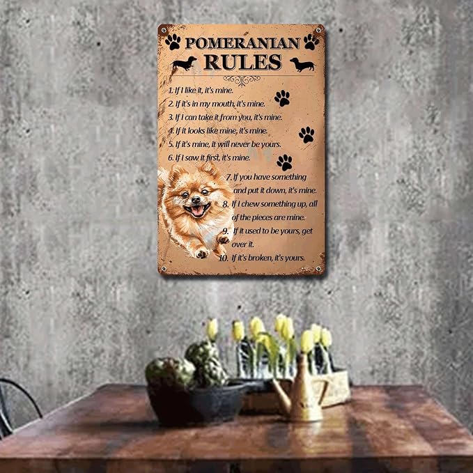Metal Sign Tin Sign Vintage Wall Art Pomeranian Rules Vintage Decor for Pub 6×8 Inches