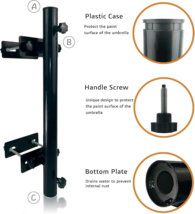Patio Umbrella Holder, Heavy-Duty Metal Mount Stand for Deck - Sturdy Base for Railing-Mounted Clamps With Pole Maximizing Balcony Space and Shade