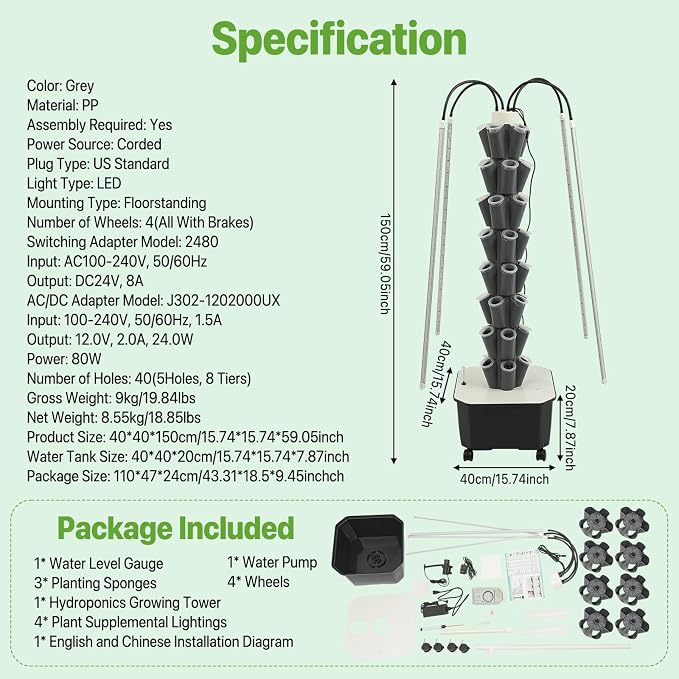 Hydroponic Growing System Tower, 80W 40 Plants 5-Layer Hydroponic Tower with LED Light Vertical Hydroponics Garden Tower for Herbs Vegetables Fruits with Pump & Water Level Gauge Grey
