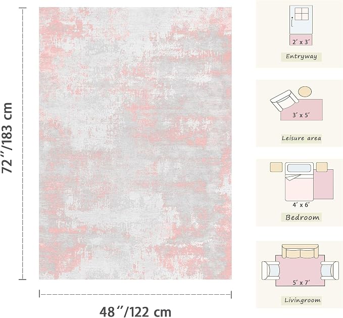 Latte&Fog Pink 4x6 Area Rug for Entryway, Modern Abstract Cute Small Rugs | for Girls Bedroom Dining Kitchen Kids Playroom Nursery Classroom Dorm Farmhouse Office, Non Slip Low Pile Soft Floral Carpet