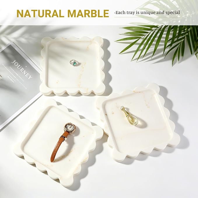 karibiber Calacatta Marble Tray, 8in Golden Small Scalloped Tray, Decorative Trinket Dish, Premium Square Bathroom Vanity Tray for Earrings Rings Necklaces, Unique Stone Jewelry Dish Gift