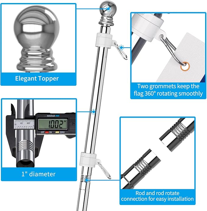 ZMTECH 2 Pcs 6FT Flag Pole for Outside House with Solar Light, 180° Adjustable Flag Holder, Tangle Free Stainless Steel Flag Pole for Outside House, Silver (No Flag Included)