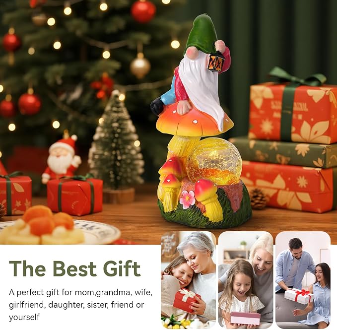 Garden Gnomes Outdoor Statues with Light, Gnomes Decorations for Yard, Solar Garden Gnome with Mushroom Decor, Lawn Ornaments for Patio, Balcony Housewarming- Unique Women Gifts