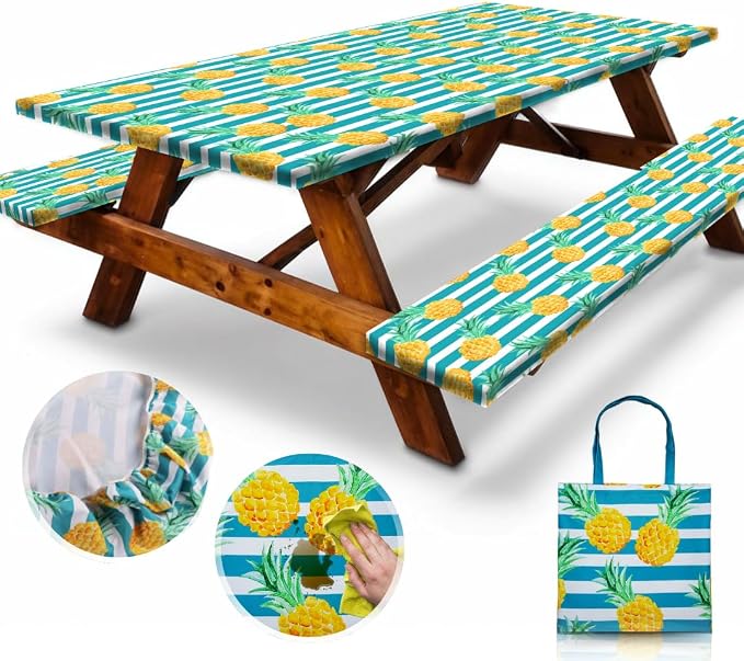 RNOONY 6ft Polyester Picnic Table Cover with Bench Covers Windproof & Waterproof Tablecloth, Perfect for Camping Gifts & RV Essentials, Cool Camping Gadgets, with Carrying Bag, 72x30 Inches, 4Pcs