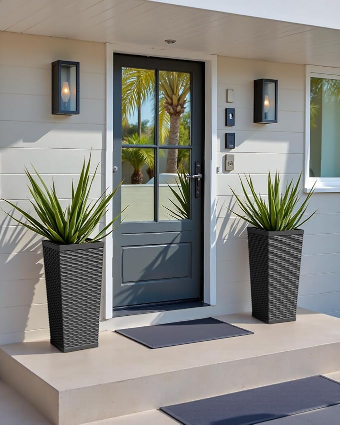 Greesum 23 Inch Tall Plastic Planters (Set of 2), Large Outdoor Flower Pots with Detachable Inner Pot & Drainage Holes for Plants, Trees, Patio, and Garden, Black