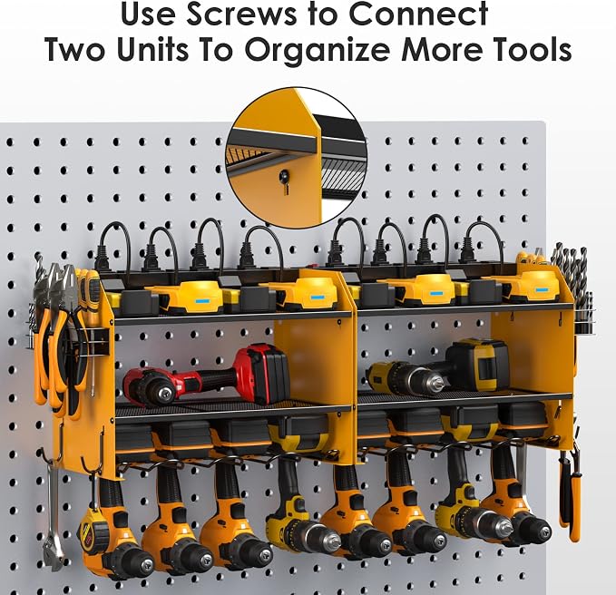 CCCEI Wall Mount Modular Tool Charging Organizer, Yellow, 1 Pack, 3 Tier. | Drill Battery Storage Rack with Hooks, Garage Workshop, Gifts for Men, Dad, Husband Anniversary, Birthday, Christmas
