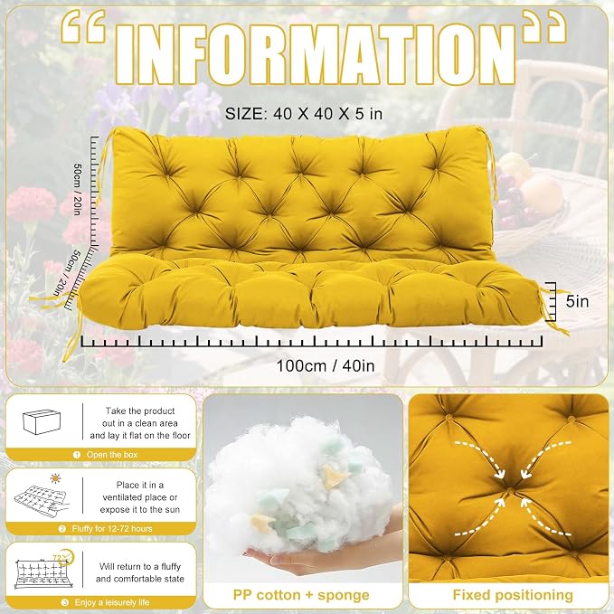 Porch Swing Cushions 2 Seater Replacement Thicken 5" Waterproof & Fade Resistant Swing Cushions for Outdoor Furniture Bench Patio Swing Cushion with Backrest & Ties(Yellow 40x40x5inch)