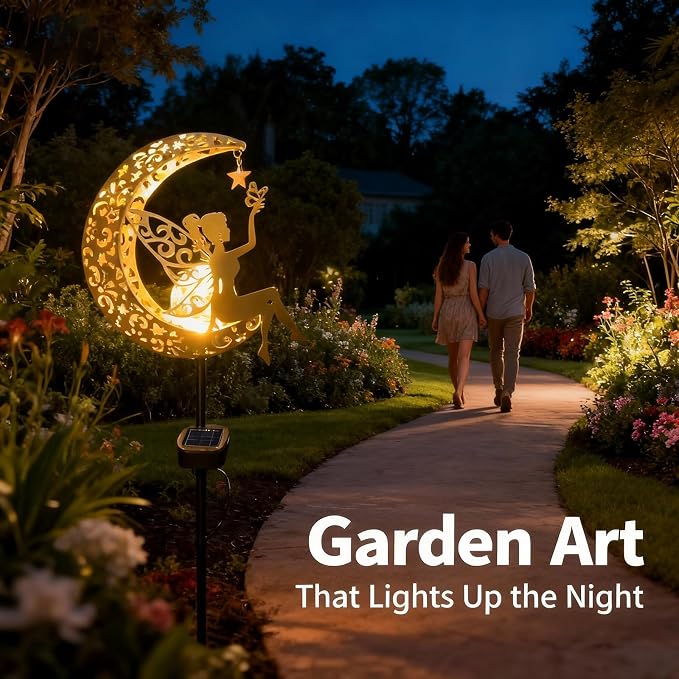 Solar Moon Fairy Garden Stake Light, Outdoor Waterproof Metal Yard Art with Crackle Glass, Decorative Solar Pathway Lights for Patio Lawn, Gift for Housewarming Mother's Day for Mom Women