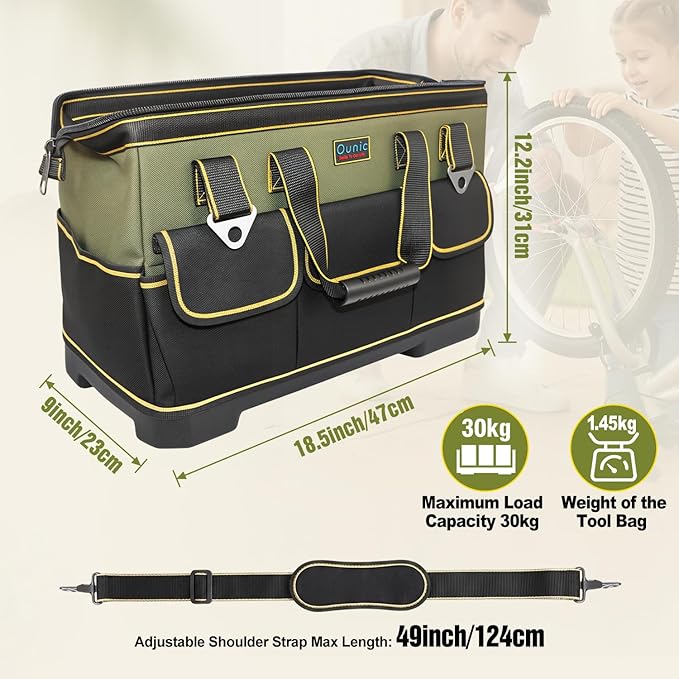 Tool Bag, Ounic 18 Inch Large Tool Tote Bag Heavy Duty With Waterproof Molded Base, Wide Mouth Tool Box Organizer with Adjustable Shoulder Strap for Electrician Mechanic Craftsman Plumbers(Green)