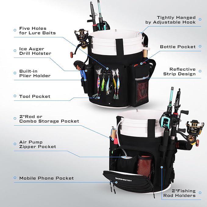 Boomistry Fishing Bucket Organizer for 5 Gallon Bucket, Black | 15 Multi-Pockets, 4 Built-in Rod Holder Storage, 3 Adjustable Buckles, for All Fishing Gear & Tackle Accessories