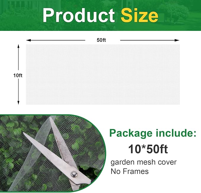 NONMON Garden Netting 10 x 50FT Ultra Fine Mesh Netting, Insect Netting Plant Covers Pest Barrier Protection Bird Mosquito Netting for Raised Beds Vegetables Fruits Flowers Crops Blueberry Shrubs