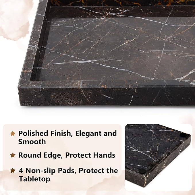 Real Natural Marble Tray for Bathroom, Vanity, Kitchen and Desktop, Rectangle Genuine Marble Stone Tray for Jewelry, Cosmetics, Candles, Lotion, Perfume and Home Decor Brown