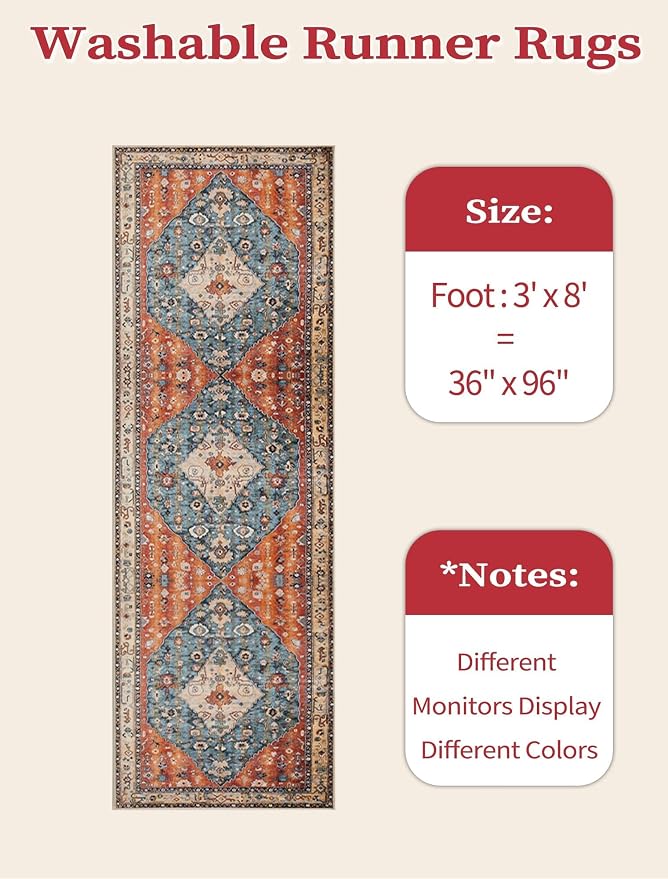 SERISSA 3x8 Washable Non Slip Boho Runner Rug for Hallway | Ultra Soft Vintage Oriental Carpet Low-Pile Tribal Floor Carpet for Stair Kitchen Bedroom Bathroom Laundry Room