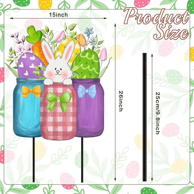 MorningRo Easter Yard Decor Outdoor, 26" Cute Bunny Metal Decorations, Easter Metal Yard Stakes Sign Bunny Mason Jar Garden Stake for Outdoor Spring Holiday Pathway Home Lawn Garden Sign Decor