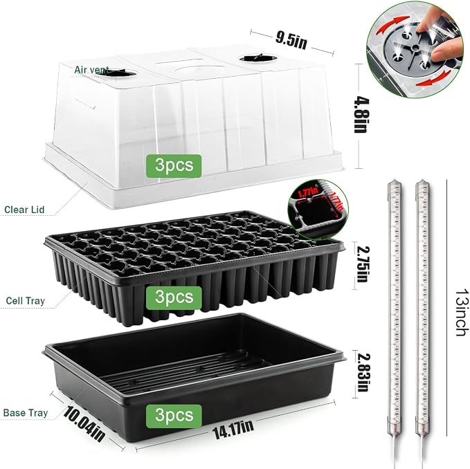 Seed Starter Tray with Grow Lights, 3-Pack 54 Cell Seedling Starter Kit, 5" Tall Humidity Dome & 2.8" Deep Cells, 96-LED Full Spectrum Plant Light with Timer/Dimmable, Reusable Germination Station