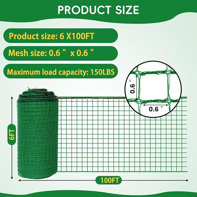 Plastic Mesh Fencing 6FT x 100FT, Garden Bird Netting & Deer Fence, Temporary Animal Barrier for Deer Pets Rabbits Chickens Wildlife, Green Protective Netting for Plants Fruit Vegetables