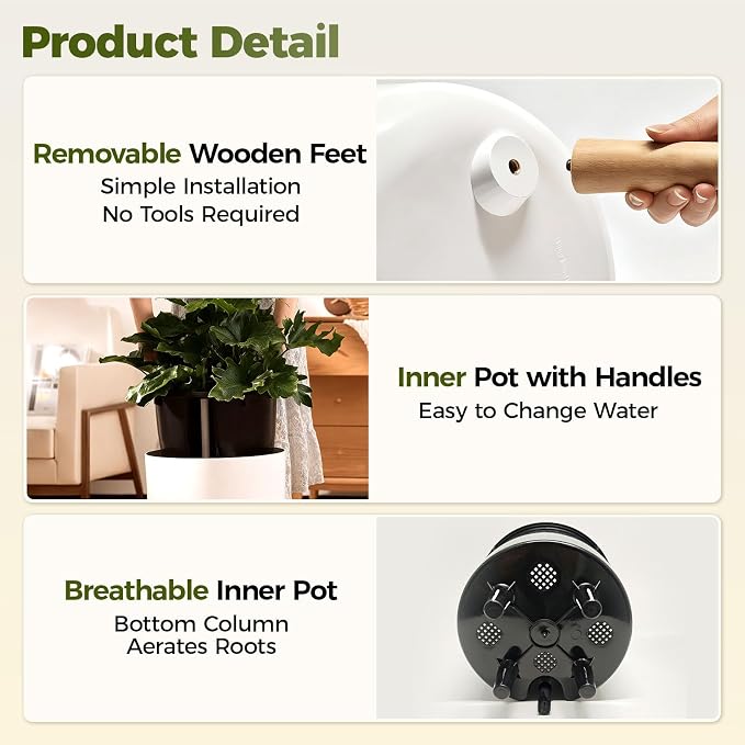 Bamworld Self Watering Pots for Indoor Plants with Water Level Indicator 10 inch Plant Pot Plastic Planter with Wooden Stand for Outdoor Plants Modern Décor for Porch Patio White Medium