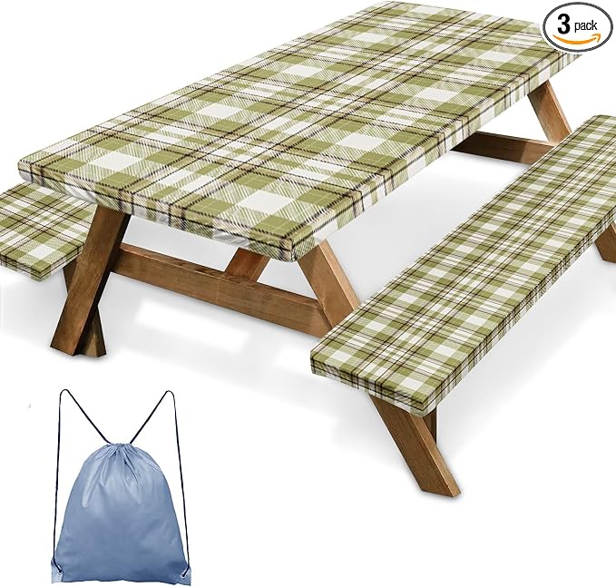 Picnic Table Cover with Bench Covers Elastic Edges, Green Plaid Fitted Table Cover, Outdoor Patio Camping Essentials 72 Inch 3PCS, Waterproof Camping Fitted Tablecloth with Drawstring Bag