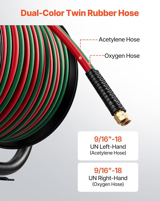 VEVOR Retractable Welding Hose Reel, Hand Crank Manual Rewind Hose Reel with 1/4 Inch x 100FT Twin Oxygen Acetylene Rubber Hose Max 300PSI - T Grade, Ceiling/Wall Mount Steel Reel for Workshop Garages