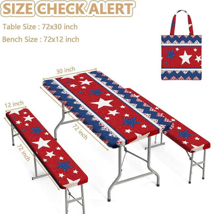 Picnic Table Cover with Bench Covers Elastic Edges, Outdoor Patio Camping Essentials 72 Inch 3PCS, Waterproof Camping Fitted Tablecloth with Handbags (Red White Blue Star Stripe)