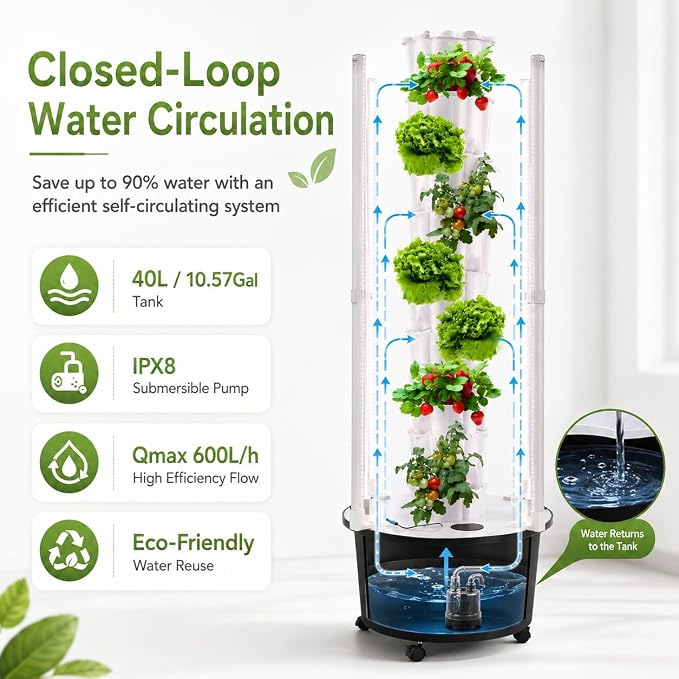 8 Tier Hydroponic Tower Garden - Indoor Vertical Gardening System 48 Holes with LED Grow Light & Self-Watering Pump, for Strawberries Lettuce Herbs, Home Grow Kit with Timer & Wheels