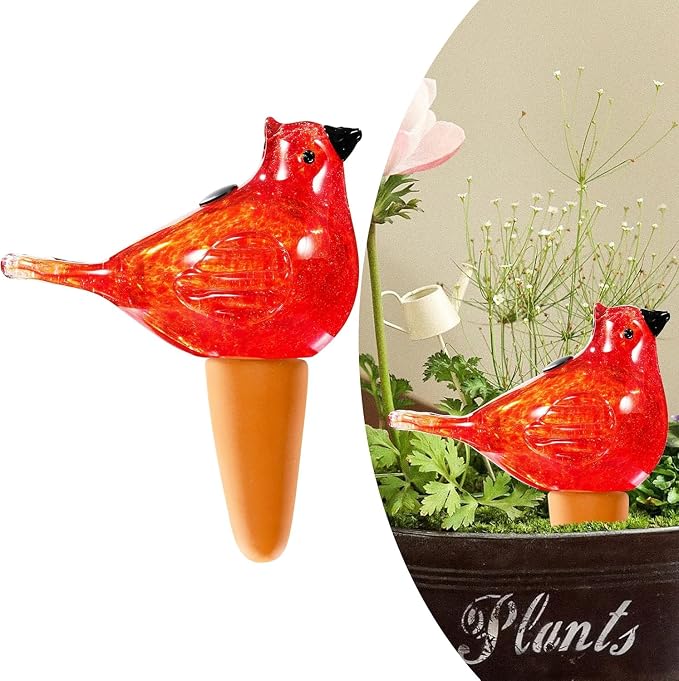 Plant Watering Globes, Bird Glass Self Watering Planter Insert - for Indoor & Outdoor Plants - Glass Plant Water Globes for Daily Use, Planter Spikes to Support Indoor & Outdoor Plant Health, Red