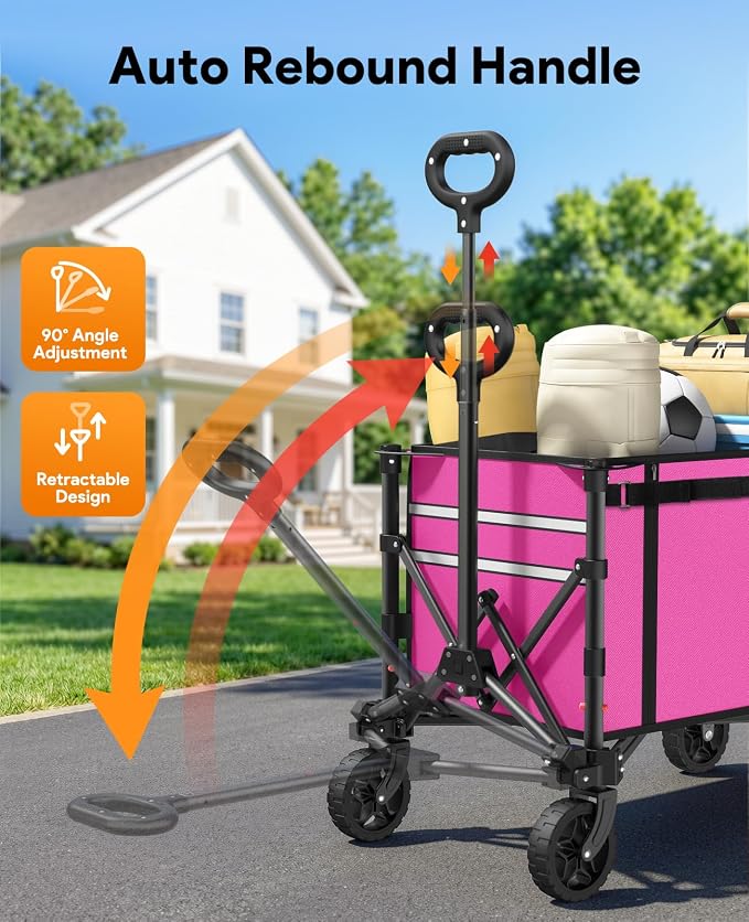3 in 1 Collapsible Wagon Converts to Bench, 220lbs Foldable Wagon Cart with Wheels, 120L Shopping Cart for Groceries Folding Utility Wagon for Beach, Garden, Camping, Sport, Wheelbarrows, Pink